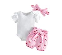 Dazzerake 3Pcs Ensemble Bébé Fille Été, Barboteuse Manche Courte Col Rond, Short Imprimé Taille Élastique, avec Bandeau, Tenue Chic Mignonne pour Nouveau-né Filles (Rose Blanc, 18-24 Months)