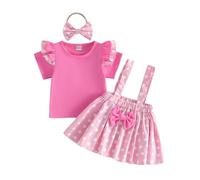 Dazzerake 3Pcs Ensemble Bébé Fille Été, Tenue Bébé Fille Mignonne, Tshirt Manche Volante, Jupe Courte Suspendue à Pois, Ensemble Vêtement Enfant Filles avec Bandeau (Rose, 2-3T)