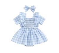 Dazzerake Barboteuse de Robe Imprimée Fleurs pour Bébé Fille Barboteuse à Manches Bouffantes avec Bandeau pour Petite Fille 0-18 Mois Été (Bleu, 18-24 Months)
