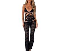 Dazzerake Combinaison Femme Sexy en Dentelle Combinaison en Dentelle à Couleur Unie Barboteuse Femme Noir Chic Transparente (Noir, L)