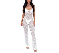 Dazzerake Combinaison Femme Sexy en Dentelle Combinaison en Dentelle à Couleur Unie Barboteuse Femme Noir Chic Transparente (Blanc B, M)