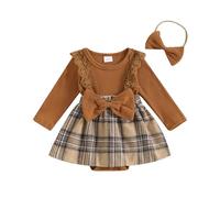 Dazzerake Ensemble 2 Pièces Bébé Fille Barboteuse de Robe Manches Longues Col Rond Tenue Bébé Fille avec Bandeau pour Bébé Fille 0-18 Mois (Marron, 12-18 Months)