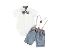 Dazzerake Ensemble 2 Pièces Gentleman pour Bébé Garçon Ensemble Été pour Petit Garçon 0-18 Mois Barboteuse de T-shirt + Short à Bretelles (Bleu, 0-3 Mois)