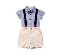 Dazzerake Ensemble 2 Pièces Gentleman pour Bébé Garçon Ensemble Été pour Petit Garçon 0-18 Mois Barboteuse de T-shirt + Short à Bretelles (Bleu 1, 12-18 Mois)