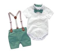 Dazzerake Ensemble 2 Pièces Gentleman pour Bébé Garçon Ensemble Été pour Petit Garçon 0-18 Mois Barboteuse de T-shirt + Short à Bretelles (Vert, 18-24 Mois)