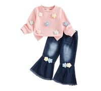 Dazzerake Ensemble Bébé Enfant Fille 2 Pièces Tenue Petite Fille Mignonne avec Fleurs Tricotées Ensemble Sweat + Pantalon Évasé en Jean pour 6 Mois-4 Ans (Rose, 3-4T)