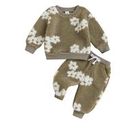 Dazzerake Ensemble Bébé Fille 2 Pièces Épais Tenue Bébé Chic Fleurs Ensemble en Peluche pour Bébé Fille 0 Mois-3 Ans Automne Hiver (Gris, 6-12 Months)
