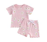 Dazzerake Ensemble Bébé Fille 2 Pièces Tenue Bébé Fille Imprimée Été en Coton Ensemble Shirt + Short Vêtement d’été Mignon pour Petite Fille 6 Mois-4 Ans (Rose Clair, 3-6 Months)