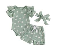 Dazzerake Ensemble Bébé Fille 3 Pièces Tenue Bébé Fille Imprimé Fleur Ensemble Barboteuse Short Bandeau Vêtement d’été pour Bébé Fille 0-18 Mois (Vert, 0-3 Months)