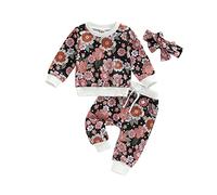 Dazzerake Ensemble Bébé Fille 3Pcs Ensemble Fille Imprimé à Fleur Haut + Pantalon + Bandeau Tenue Chic Bébé Fille 6 Mois-4 Ans Automne Printemps Hiver (Fleur Noire, 12-18 Months)