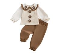 Dazzerake Ensemble Bébé Fille Élégant Tenue Enfant Fille Haut à Col de Poupée + Pantalon à Taille Élastique Vêtement Bébé Filles 2 Pièces Automne Hiver 9 Mois-4 Ans (Marron, 12-18 Months)