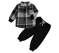 Dazzerake Ensemble Bébé Garçon 2 Pièces Tenue Bébé Garçon Shirt Veste à Carreaux + Pantalon à Couleur Unie Vêtement Garçons avec Poches 6 Mois-5 Ans (Noir, 2-3T)