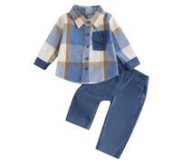 Dazzerake Ensemble Bébé Garçon 2 Pièces Tenue Bébé Garçon Shirt Veste à Carreaux + Pantalon à Couleur Unie Vêtement Garçons avec Poches 6 Mois-5 Ans (Bleu, 6-12 Months)