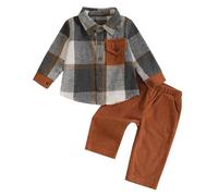 Dazzerake Ensemble Bébé Garçon 2 Pièces Tenue Bébé Garçon Shirt Veste à Carreaux + Pantalon à Couleur Unie Vêtement Garçons avec Poches 6 Mois-5 Ans (Brun, 1-2T)