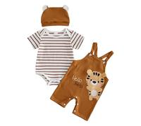 Dazzerake Ensemble Bébé Garçon 3 Pièces Tenue Bébé Garçon Barboteuse Rayée Salopette Brodée Chapeau Vêtement Mignon pour Garçons 0-18 Mois (Tigre Kaki, 0-3 Months)