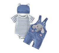 Dazzerake Ensemble Bébé Garçon 3 Pièces Tenue Bébé Garçon Barboteuse Rayée Salopette Brodée Chapeau Vêtement Mignon pour Garçons 0-18 Mois (Bleu D, 12-18 Months)