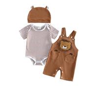 Dazzerake Ensemble Bébé Garçon 3 Pièces Tenue Bébé Garçon Barboteuse Rayée Salopette Brodée Chapeau Vêtement Mignon pour Garçons 0-18 Mois (Marron Lion, 12-18 Months)