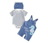 Dazzerake Ensemble Bébé Garçon 3 Pièces Tenue Bébé Garçon Barboteuse Rayée Salopette Brodée Chapeau Vêtement Mignon pour Garçons 0-18 Mois (Hippocampe Bleu, 12-18 Months)