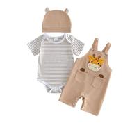 Dazzerake Ensemble Bébé Garçon 3 Pièces Tenue Bébé Garçon Barboteuse Rayée Salopette Brodée Chapeau Vêtement Mignon pour Garçons 0-18 Mois (Kaki Girafe, 12-18 Months)