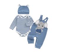 Dazzerake Ensemble Bébé Garçon 3 Pièces Tenue Bébé Garçon Barboteuse Rayée Salopette Brodée Chapeau Vêtement Automne Hiver pour Garçons 0-18 Mois (Bleu, 9-12 Months)