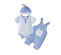Dazzerake Ensemble Bébé Garçon 3 Pièces Tenue Bébé Garçon Barboteuse Rayée Salopette Brodée Chapeau Vêtement Mignon pour Garçons 0-18 Mois (Rayures Bleues, 3-6 Months)