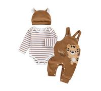 Dazzerake Ensemble Bébé Garçon 3 Pièces Tenue Bébé Garçon Barboteuse Rayée Salopette Brodée Chapeau Vêtement Automne Hiver pour Garçons 0-18 Mois (Marron, 3-6 Months)