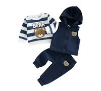 Dazzerake Ensemble Bébé Garçon 3Pcs Tenue Bébé Garçon Épais Ensemble Brodé Ours Sweat Rayé + Pantalon Gilet en Polaire Hiver 6 Mois-3 Ans (Noir, 2-3T)
