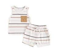 Dazzerake Ensemble Bébé Garçon Blanc Rayé Tenue 2 Pièces pour Bébé Garçon 0-5 Ans Haut sans Manche + Short (Blanc, 6-12 Mois)