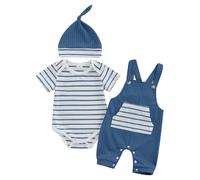 Dazzerake Ensemble Bébé Garçon Été 3 Pièces Tenue Garçons Barboteuse Rayée Manches Courtes Salopette avec Grande Poche Chapeau pour Garçons 0 à 18 Mois (Bleu, 9-12 Months)