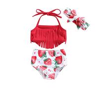 Dazzerake Ensemble Maillot de Bain Imprimé pour Fille Maillots de Bain 3 Pièces pour Enfant Fille 2-7 Ans Maillots Fille à Franges (Rouge a, 1-2 Years)