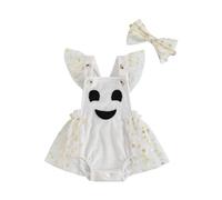Dazzerake Halloween Barboteuse Bébé Fille Déguisement Halloween Bébé Manches Volantes Costume Halloweens avec Bandeau 0-18 Mois (Blanc, 12-18 Months)