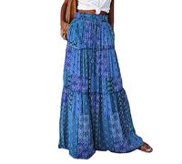 Dazzerake Jupe Femme Longue Bohème à Taille Haute Jupe Trapèze Imprimée avec Poches Jupes Rétro Chic et Élégante pour Femme (Bleu Foncé, XL)