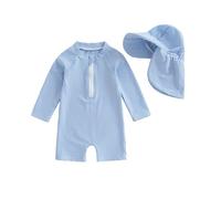Dazzerake Maillot de Bain 2/3Pcs Bébé Garçon Rayé Ensemble Maillots de Bain à Manches Longues Ensemble Mailllots avec Chapeau pour Bébé Garçon 0-3 Ans (Bleu A, 3-6 Months)