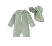 Dazzerake Maillot de Bain 2/3Pcs Bébé Garçon Rayé Ensemble Maillots de Bain à Manches Longues Ensemble Mailllots avec Chapeau pour Bébé Garçon 0-3 Ans (Vert A, 18-24 Months)