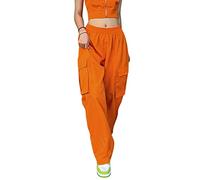 Dazzerake Pantalon Cargo Femme Large à Couleur Unie Avec Poches Taille Élastique (Orange, S)
