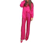 Dazzerake Pantalon de Soirée Cocktail pour Femme Chic Pantalon Paillettes Pattes d´Éléphant Haute Taille Brillant Chic Vintage Danse Bal (Rose Rouge, M)