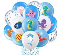 DazzJoy Lot de 20 ballons décoratifs animaux marins - Poisson, pieuvre, dauphin, crabe, hippocampe, poisson clown, étoile de mer, coquillages, ballons pour anniversaire, animaux marins, hélium