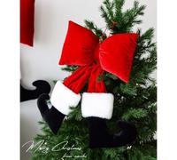 DAZZLEEX Elfin de Noël en forme de botte noire à suspendre au mur avec nœud en velours rouge et bordure blanche - Décoration festive pour murs, portes, cheminées, sapin de Noël (22 cm)