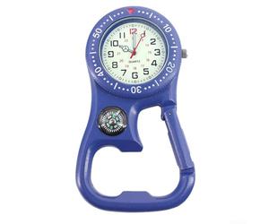 DAZZLEEX Montre à mousqueton avec décapsuleur pour camping, randonnée, escalade, double fuseau horaire, aiguilles lumineuses, montre de poche en métal, équipement d'extérieur noir (bleu)