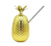 DAZZLEEX Tasse de Paille d'ananas Tasse de Cocktail décoration de Plage en Acier Inoxydable + matière Plastique, Tasse de Paille avec Couvercle (Or)