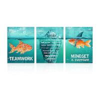 Dazzlewall 3 Pièces Set Décoration Murale Bureau Motivation, Affiches Poisson & Requin Citation Teamwork Mindset Pour Chambre Bureau Maison 30x40 Cm Sans Cadre