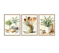 Dazzlewall 3 Pièces Set Décoration Murale Cuisine Aquarelle, Affiches Herbes Ustensiles & Verts Avec Assiettes Pour Salle À Manger Restaurant 30x40 Cm Sans Cadre