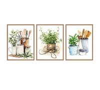 Dazzlewall 3 Pièces Set Décoration Murale Cuisine Rustique Aquarelle, Affiches Herbes & Ustensiles Pour Salle À Manger Restaurant 30x40 Cm Sans Cadre