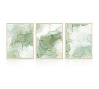 Dazzlewall 3Pcs Art Mural Vert Abstrait, Or Sauge Vert Encre Éclaboussure D’Œuvres D’Art Impression Décoration Murale Maison pour Salon Chambre Salle de Bain, 30x40 cm Sans Cadre