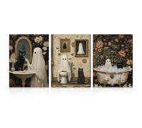 Dazzlewall 3Pcs Vintage Halloween Impression Murale, Halloween Fantôme & Chat Noir Salle de Bain Photo Murale Impression Effrayante Horreur Sombre Académie Affiche, 12x16 pouce Non Encadré