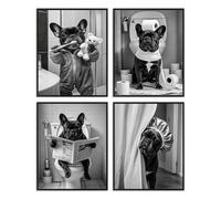 Dazzlewall 4 Pièces Set Décoration Murale Salle de Bain Humoristique, Affiches Drôles Bouledogue Français Noir Blanc Pour Toilette WC 20x25 Cm Sans Cadre
