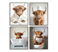 Dazzlewall 4Pcs Highland Vache Murale Art Photo, Drôle Vache Salle de Bain Baignoire Photo Impression, Lunatique Toilette Animal Décoration Murale Affiche, 8x10 pouce Non Encadré