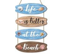 Dazzlewall 4pcs Plage Salle de Bain Décoration Murale, Planche de Surf en Bois Bleu Côtière Suspendues Plaques Citation Inspirante Signes Ornements pour Chambre Salon Salon 29x10 cm