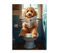 Dazzlewall Affiche Caniche Drôle, Décoration Murale Chien Humoristique Lisant Le Journal Pour Salle De Bain Toilette 30x40 Cm Sans Cadre