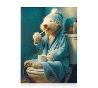 Dazzlewall Affiche Drôle D’Art Mural Chien, Chien Blanc Se Brossant les Dents en Bleu Sarcelle Peignoir Photo Drôle de Salle de Bain Animal Wall Art Print, 12x16 pouce Non Encadré